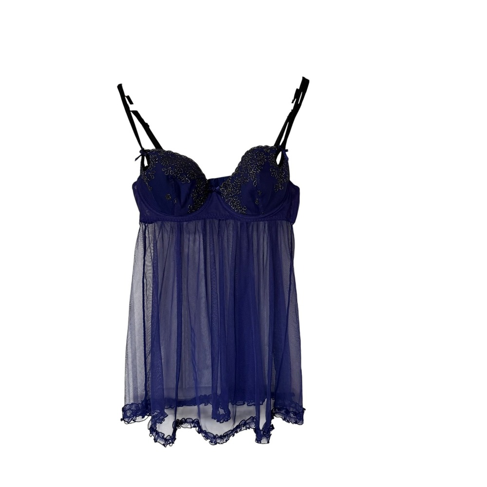 Frederick's of Hollywood Babydoll Women Large Purple Excellent Embroidered Mesh